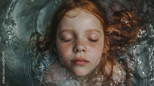Young girl with closed eyes  floating peacefully in water  her face partially submerged  surrounded by a surreal  dream-like water texture.