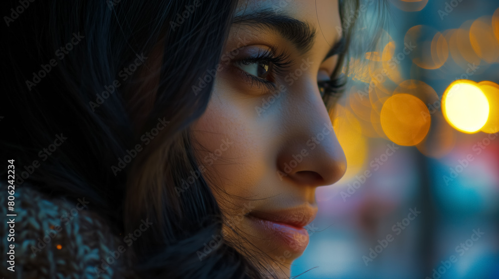 Young woman’s face, her eyes cast downward in a reflective mood, against a backdrop of city lights at dusk. Young woman’s face, her eyes cast downward in a reflective mood, against a backdrop of city lights at dusk.