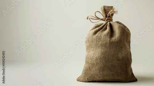 Burlap sack tightly closed with a string, standing upright on a soft, neutral background, suggesting rustic simplicity and utility.