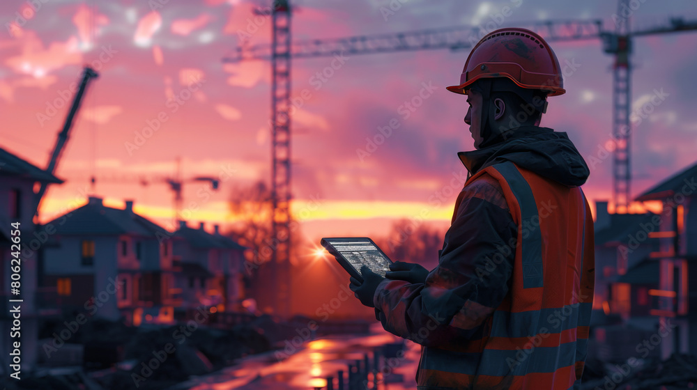 A male construction supervisor holding a tablet at a building site against a vibrant sunset background. A male construction supervisor holding a tablet at a building site against a vibrant sunset background.