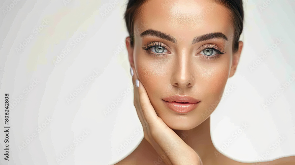 Naklejka premium Portrait of young beautiful woman with perfect smooth skin isolated over white background