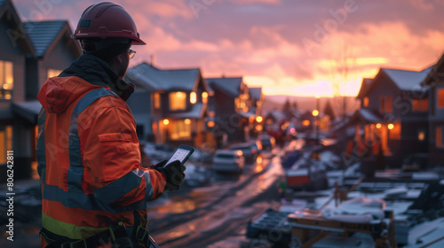 A construction worker in reflective gear checks his smartphone on a snowy residential street at sunset.