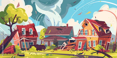 Devastating Tornado: Cartoon Vector Illustration of Twister Crashing into Village Houses