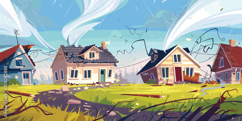 Devastating Tornado: Cartoon Vector Illustration of Twister Crashing into Village Houses