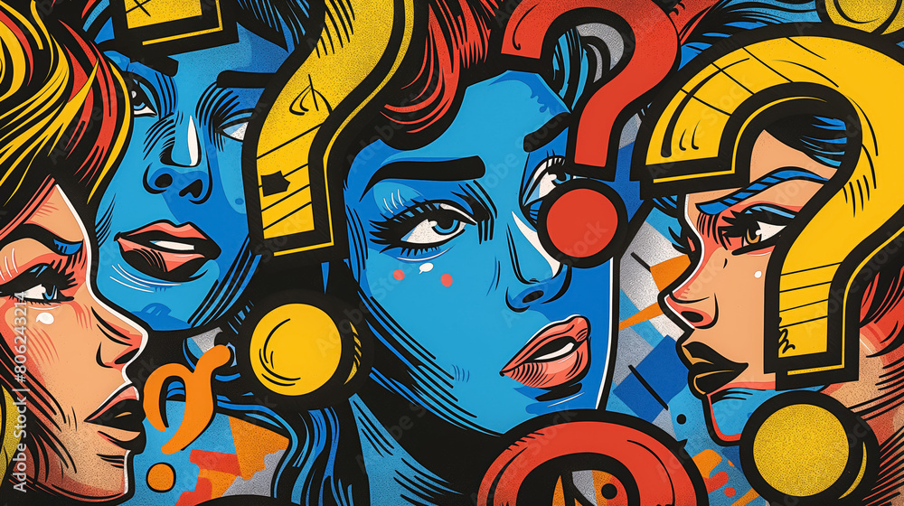 Stylized female faces surrounded by various symbols and shapes, each expressing a different emotion. Stylized female faces surrounded by various symbols and shapes, each expressing a different emotion.