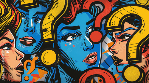 Stylized female faces surrounded by various symbols and shapes  each expressing a different emotion.