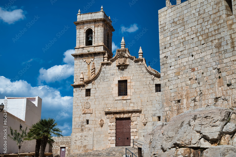 The Ermita de la Virgen de la Ermitana in Peñiscola, located on top of the rock of the town of Peñiscola, next to the castle. Costa azahar of the mediterranean, Castellón, Spain.
