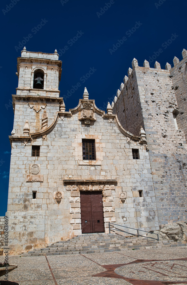 Fototapeta premium The Ermita de la Virgen de la Ermitana in Peñiscola, located on top of the rock of the town of Peñiscola, next to the castle. Costa azahar of the mediterranean, Castellón, Spain.