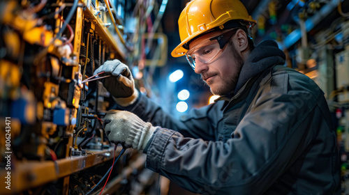 Focused electrician adjusting electrical components in a factory, wearing a safety helmet and gloves.