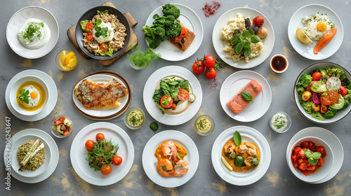 Overhead shot of a collection of healthy dishes, featuring an array of salads, seafood, and eggs, beautifully arranged on a gray surface, showcasing a balanced diet.