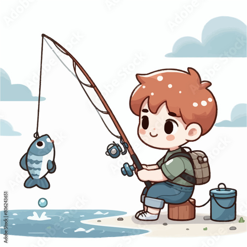 Simple cartoon art illustration of happy boy fishing