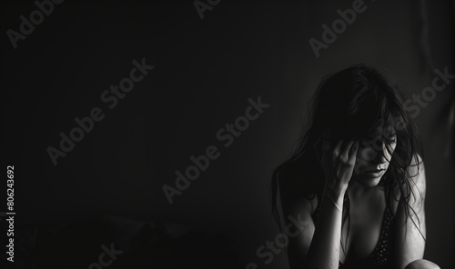 暗闇で頭を抱える女性（横長） photo