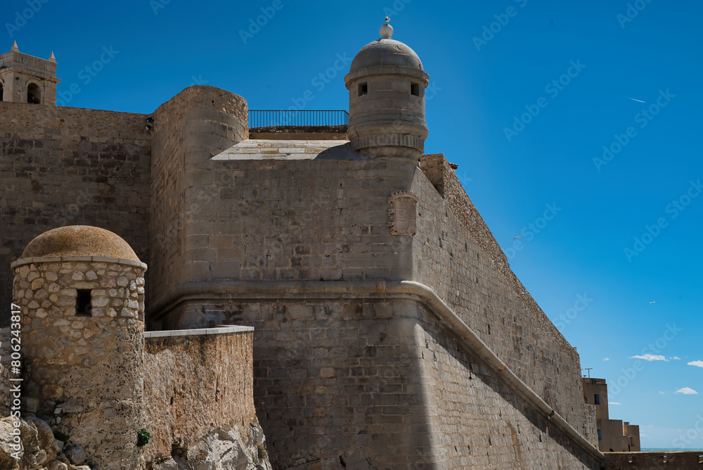 Walls and corners of the medieval castle of Peñiscola. On the orange blossom coast of the Mediterranean Sea. Castellón, Spain.
