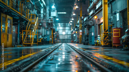 Rail tracks leading through the spacious interior of a busy manufacturing plant.
