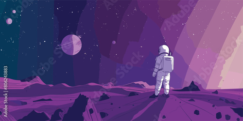 Astronaut Exploration: Cartoon Vector Illustration of Spaceman on Distant Planet's Surface