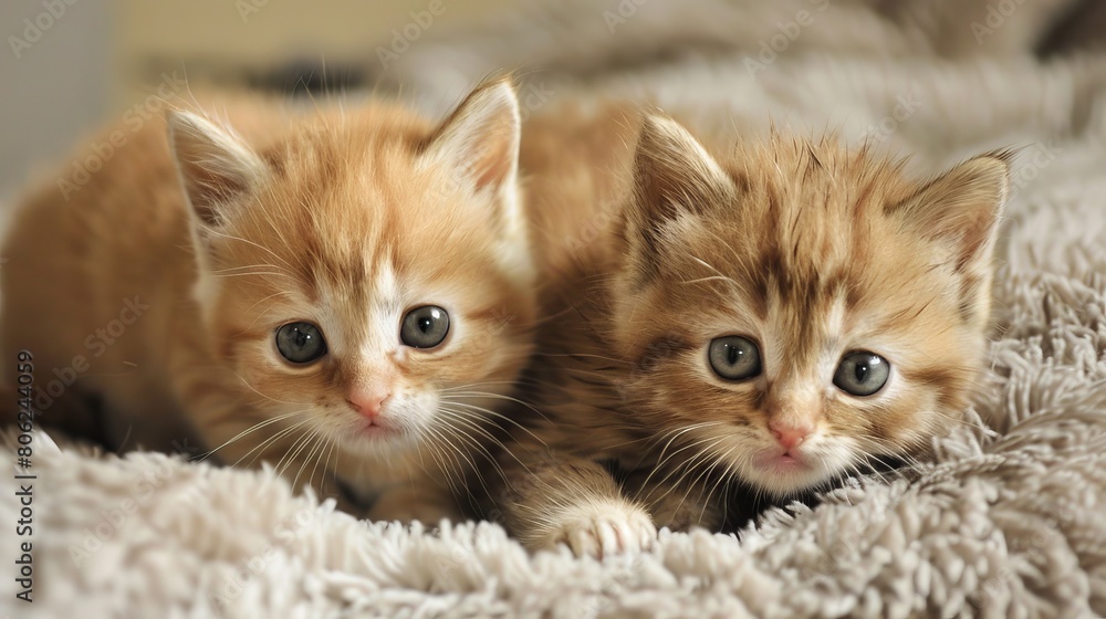 Two orange kittens laying on a blanket.