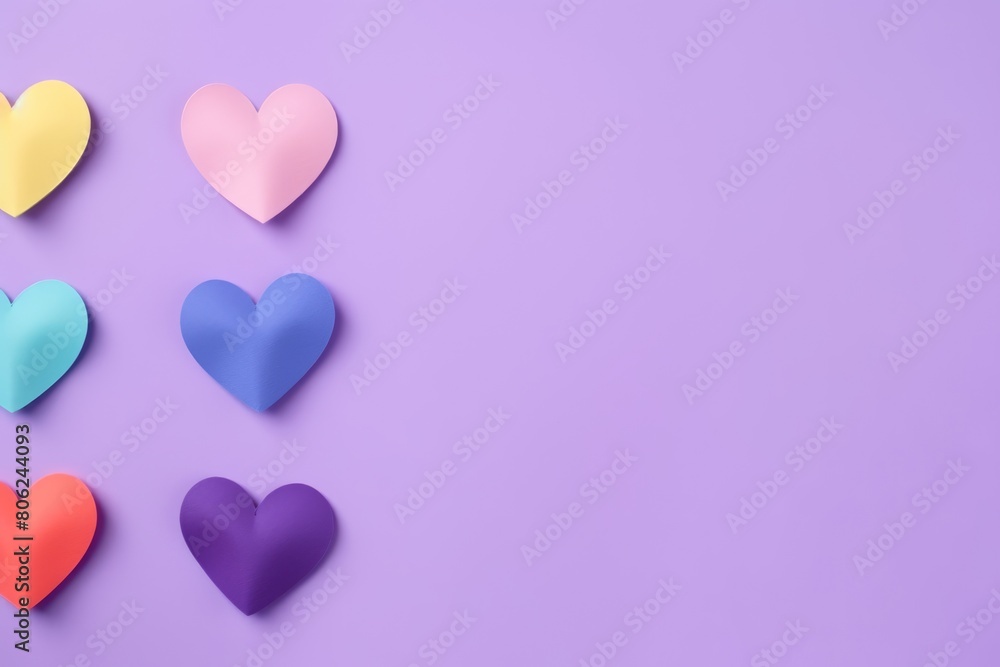 An array of colorful paper hearts displayed in a creative layout on a monochromatic purple backdrop. Paper Hearts on a Monochrome Purple Background