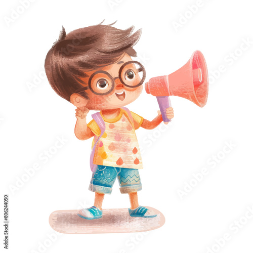  kid speaking with megaphone white background 