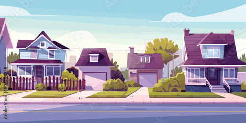Early Morning Suburbia: Cartoon Vector Illustration of Summer Cityscape