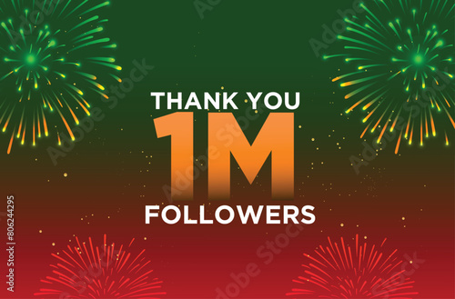 1M Followers Celebration vector illustration Design on a Red and Green Confetti, Grunge Background with Fireworks. Celebrating 1000000 followers on social media. Blogger thanks subscribers.