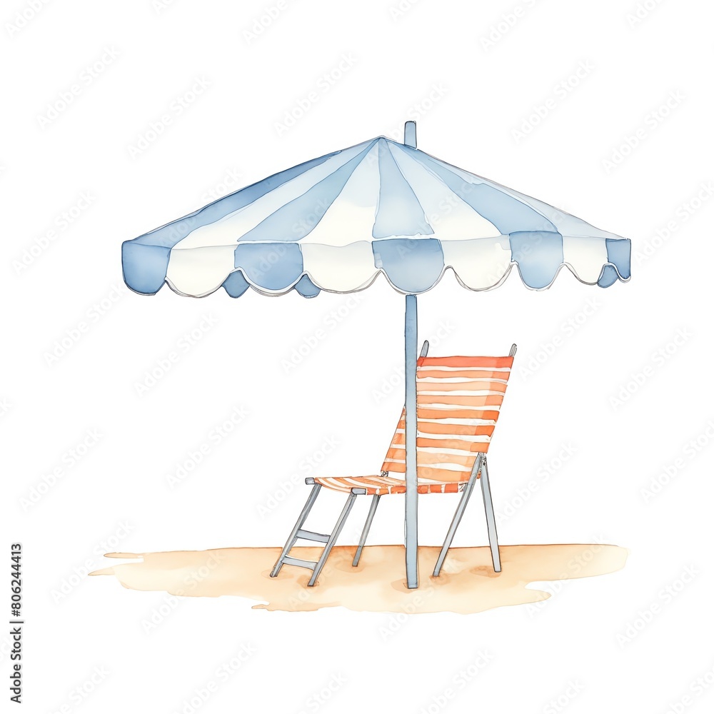 A watercolor of  Beach chair canopy clipart, isolated on white background