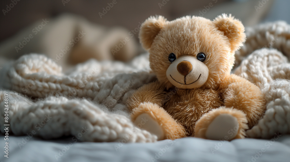 Cozy Teddy Bear on Knitted Blanket Cozy Teddy Bear on Knitted Blanket