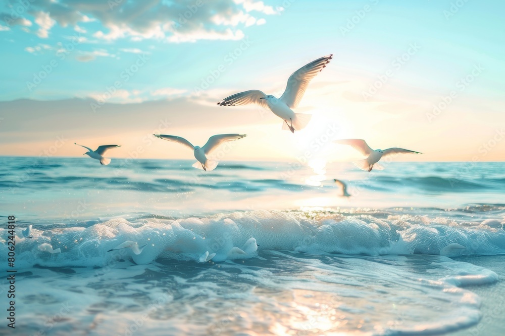 Obraz premium Graceful seagulls soar above the ocean waves, illuminated by the golden glow of a setting sun, creating a serene and picturesque scene
