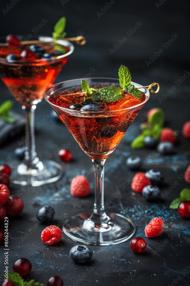 Elegant berry cocktails in martini glasses, garnished with fresh mint leaves and a mix of summer berries, set on a dark backdrop Elegant berry cocktails in martini glasses, garnished with fresh mint leaves and a mix of summer berries, set on a dark backdrop