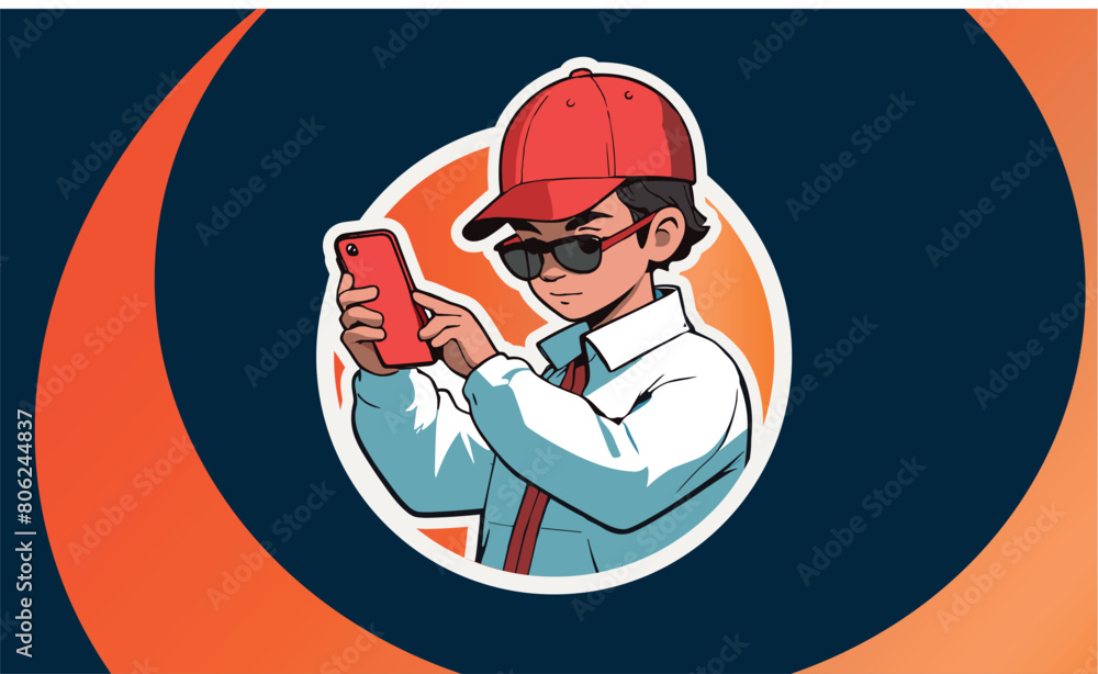 premium vector of Cartoon character, boy with cell phone in hand. premium vector of Cartoon character, boy with cell phone in hand.