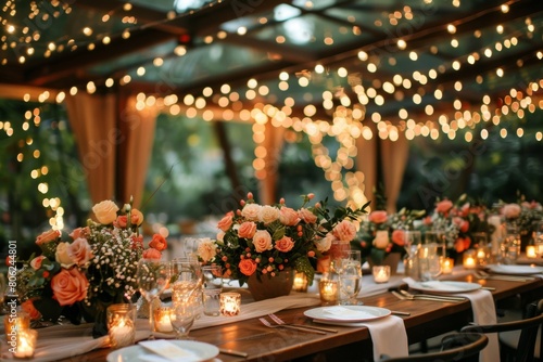 Elegant outdoor wedding reception beautifully illuminated by fairy lights, featuring floral centerpieces and romantic candlelit ambiance