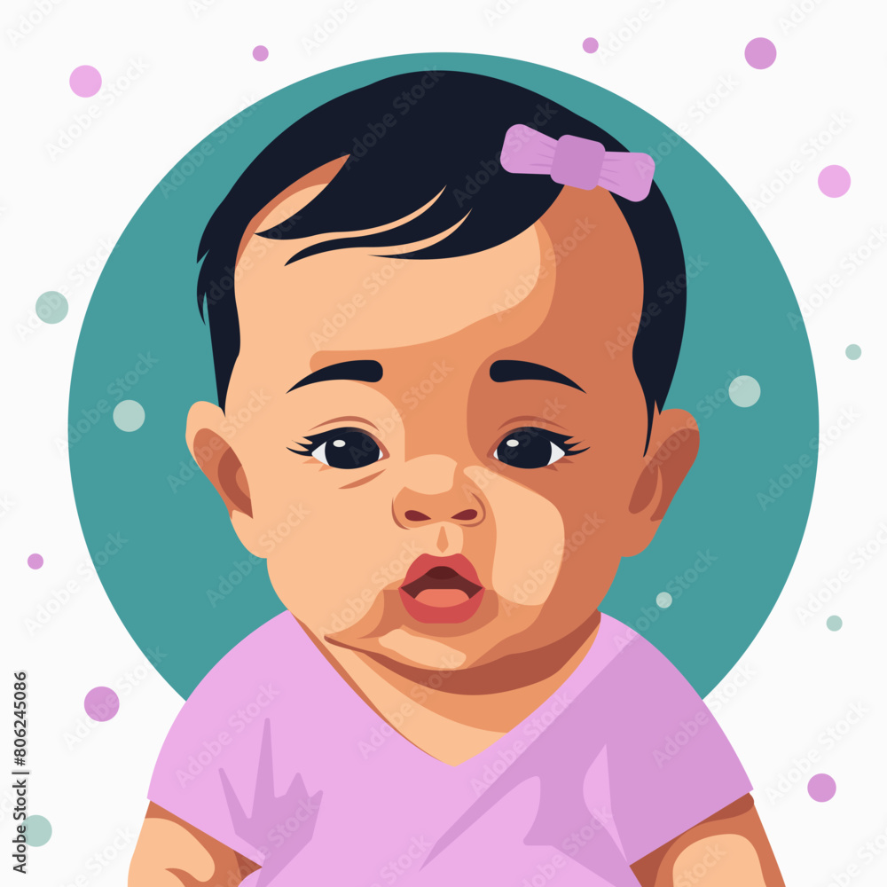 Obraz premium Vector cartoon portrait of a cute little one year old girl with a bow on her hair. 