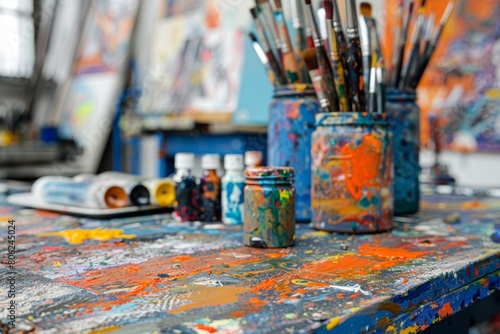 Colorful artist s studio workspace showcasing a vividly painted table with scattered paintbrushes and open paint containers