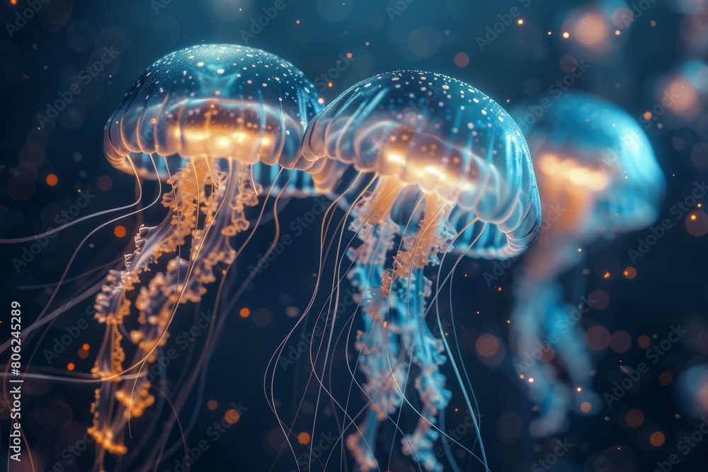 Three glowing jellyfish floating gracefully in the deep blue sea, illuminated by bioluminescence against a dark underwater Three glowing jellyfish floating gracefully in the deep blue sea, illuminated by bioluminescence against a dark underwater