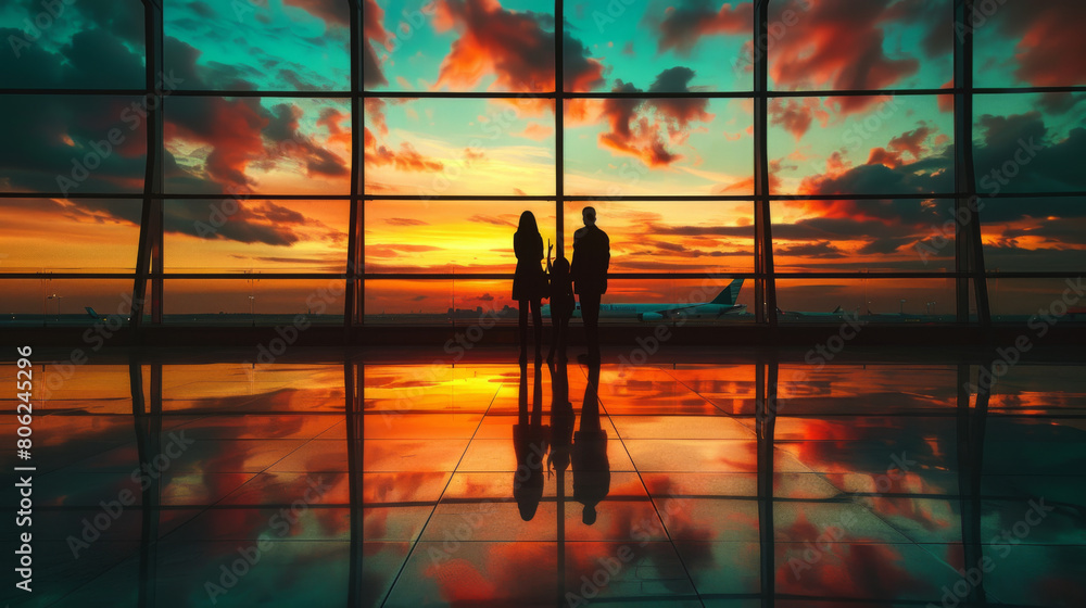A silhouette of a family holding hands, looking out at airplanes against a dramatic sunset at an airport. A silhouette of a family holding hands, looking out at airplanes against a dramatic sunset at an airport.