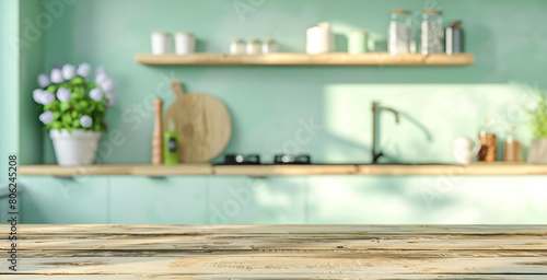 Wooden light empty countertop on the background of a modern light green kitchen, kitchen panel with accessories in the interior. Scene showcase template for promotional items, banner, copy space