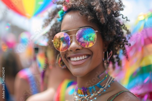 A young woman smiles joyfully, wearing reflective sunglasses that capture the vibrant, colorful atmosphere of a festival, highlighted by multicolored balloons and decorations