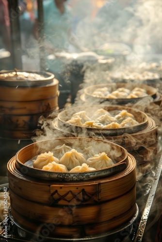 Hot steaming dumplings served in traditional bamboo steamers  captured amidst the bustling ambiance of a street food market