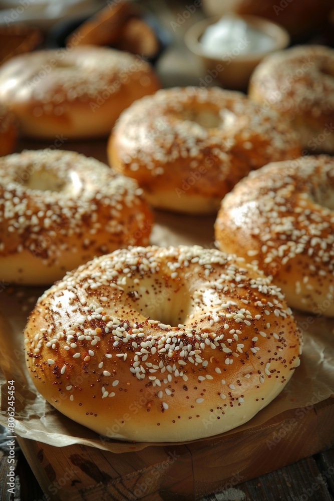 Warm, freshly baked sesame seed bagels arranged on a rustic wooden table, highlighted by natural light Warm, freshly baked sesame seed bagels arranged on a rustic wooden table, highlighted by natural light