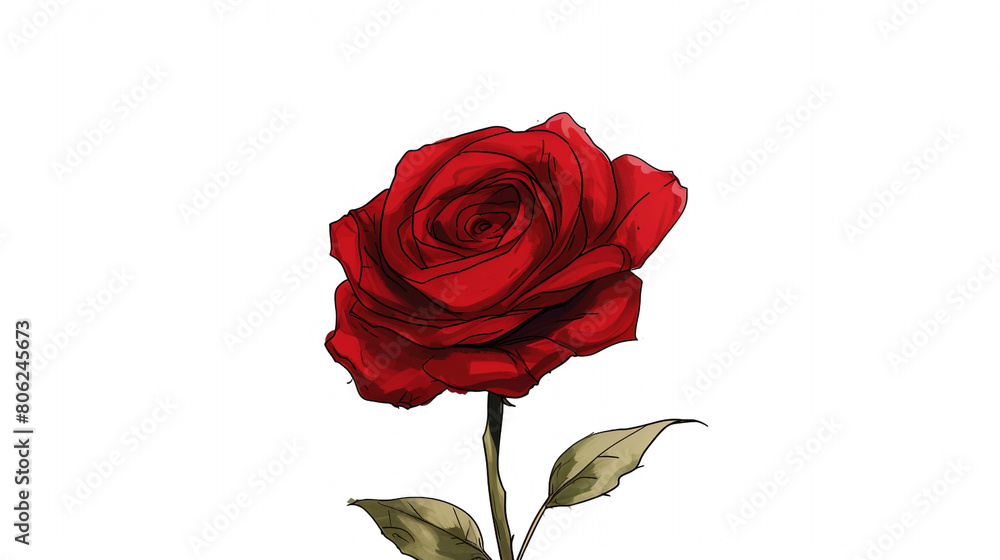 A simple clip art of a red rose, with detailed petals and a green stem.