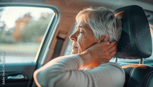 Portrait of elderly gray-haired woman massaging her hindhead while she felt neck ache. Female sitting on co-driver car seat. Medicine, health care, spinal column and Osteochondrosis issues concept. photo