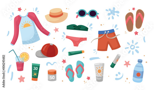 Beach holidays concept. Flat design, cartoon illustration. Beach accessories, elements. Summer vacation. Sunscreen tubes. Strokes of sunscreen cream. Beach holidays concept. Flat design