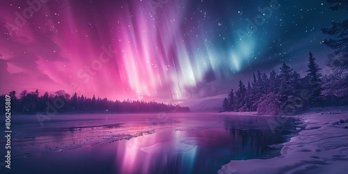 Purple Aurora Lights over Snow covered Landscape. Majestic Northern Lights Wallpaper with copy-space © Настя Шевчук