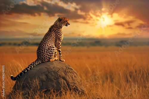 View of a cheetah. A majestic predator surveys the savannah at sunset photo