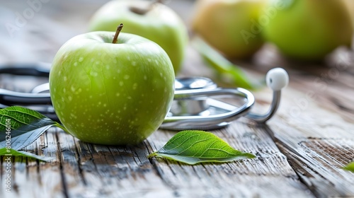 Green Apple and Stethoscope on Wooden Table photo