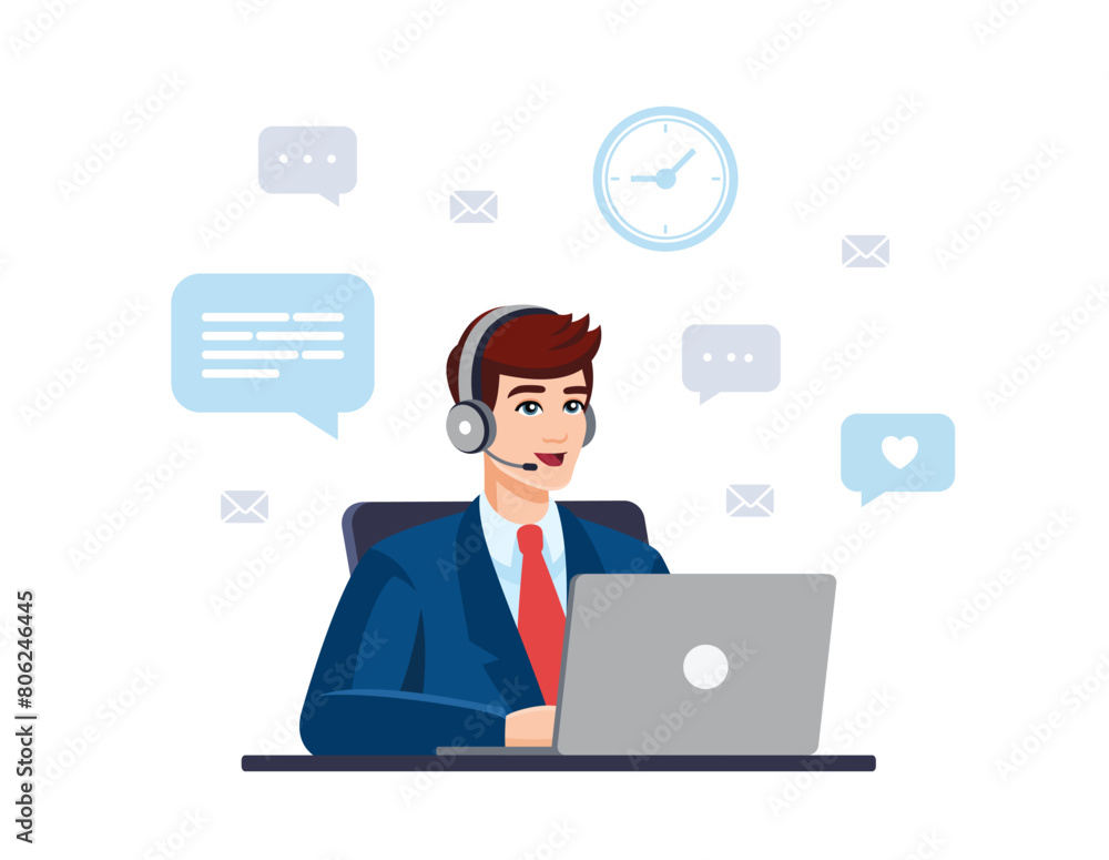 Man wearing formal suit with computer, headset. Concept illustration for support, assistance, call center, bank. Call center Operator, consultant, Manager. Vector illustration in flat style Man wearing formal suit with computer, headset. Concept illustration for support, assistance, call center, bank. Call center Operator, consultant, Manager. Vector illustration in flat style