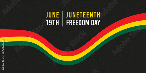 Juneteenth Black Africa Freedom Day holiday banner. Red, yellow, green tape design on black background photo