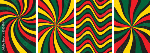 Colorful Pan-African Swirl Patterns. Geometric swirl, stripe, wavy patterns in red, yellow, and green colors