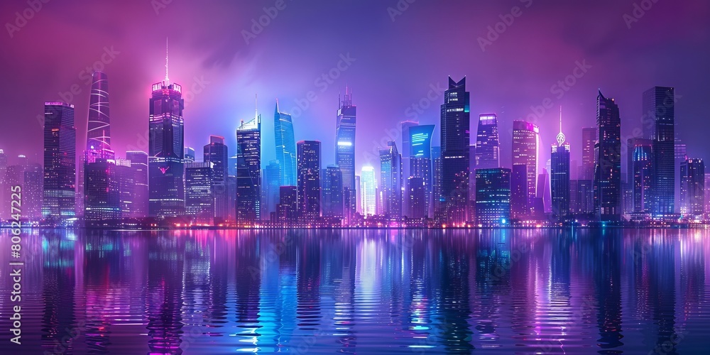 Sci-fi City Skyline with Purple and Cyan Neon lights. Night scene with Advanced Skyscrapers. Sci-fi City Skyline with Purple and Cyan Neon lights. Night scene with Advanced Skyscrapers.