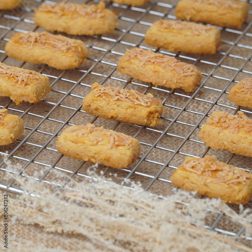 Fresh from the oven crunchy kaastengels cookies Indonesian cookies typically served during Hari Raya Idul Fitri
