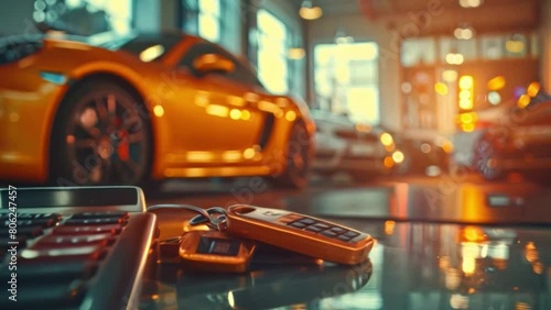 Car showroom with two remote keys meticulously arranged next to a calculator on the work desk of a car salesman or salesman photo